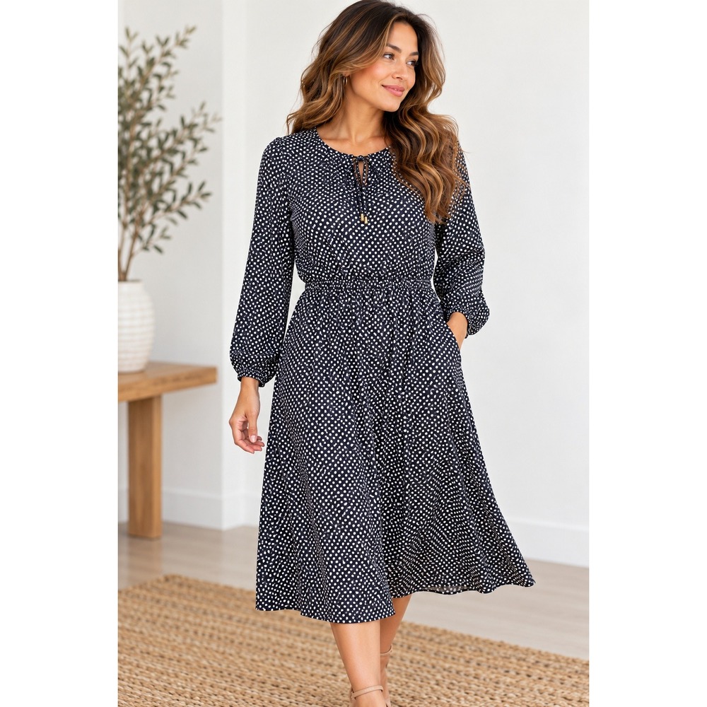 Jones New York Midi Dress Navy Polka Dot Career Classic Professional Size 8 Work